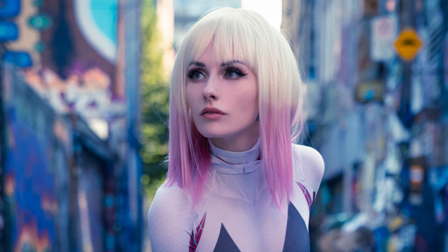 Pink haired futuristic cityscape bokeh free wallpaper - medium preview image