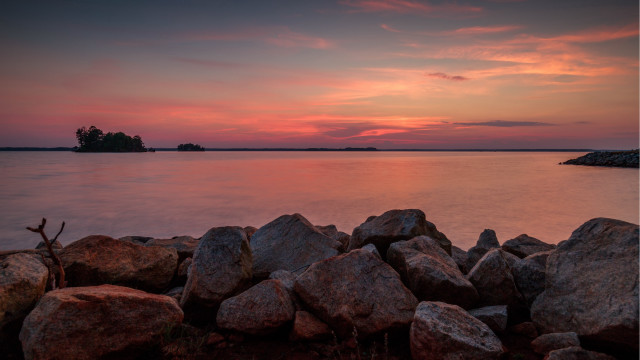 Sunset lake rocks trees pink free wallpaper - medium preview image