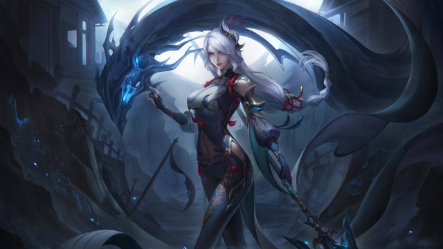Fantasy woman sword dragon building free wallpaper for desktop - medium preview image