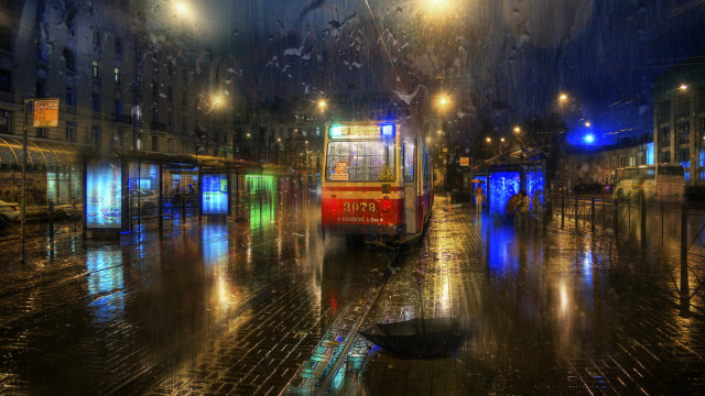 Red bus rainy night cityscape free wallpaper - medium preview image
