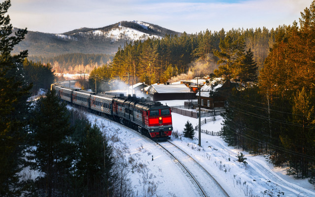 Train snowy forest mountains night free wallpaper - medium preview image