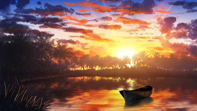 Boat lake sunset clouds birds free wallpaper - medium preview image