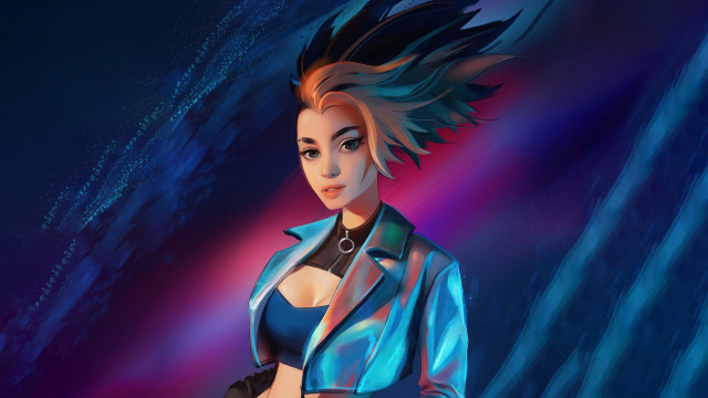 Woman bluejacket blackgloves purplelight cyberpunk free wallpaper - medium preview image