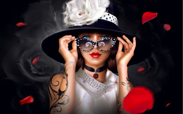 Woman hat glasses rose petals free wallpaper - medium preview image