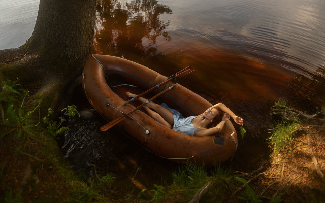 Man boat water tree photorealistic free wallpaper - medium preview image