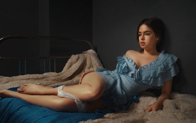 Woman blue dress bed room free wallpaper - medium preview image