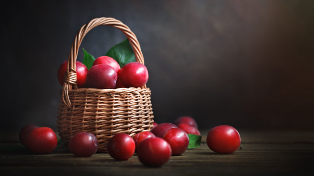 Basket cherries leaves dark background free wallpaper - medium preview image