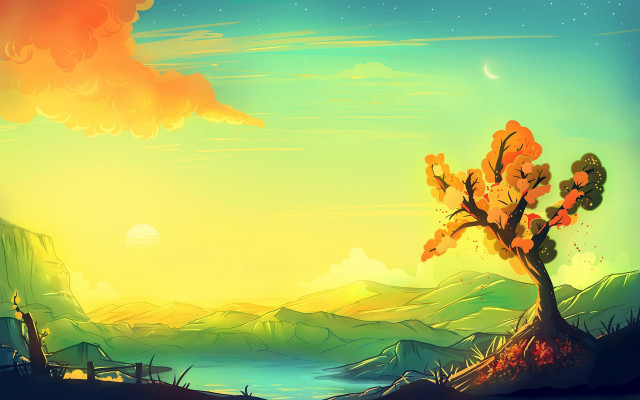 Fantasy tree mountains lake sunset free wallpaper - medium preview image