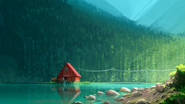 House lake dock bridge mountains free wallpaper - medium preview image