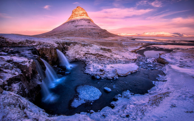 Mountain waterfall pink sky dusk free wallpaper - medium preview image
