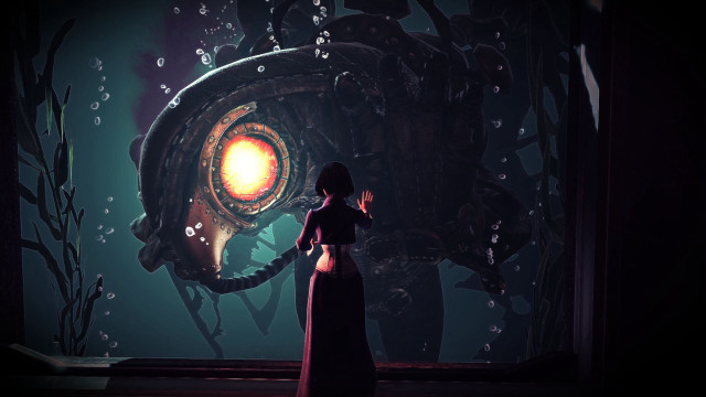 Woman giant fish dark room free wallpaper for desktop - medium preview image