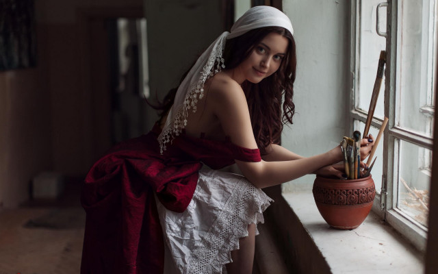 Woman weddingdress vase window broom free wallpaper - medium preview image