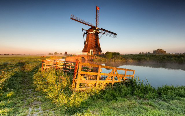 Windmill greenfield river landscape forest free wallpaper - medium preview image