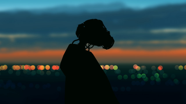 Silhouette headset cityscape night bokeh free wallpaper - medium preview image