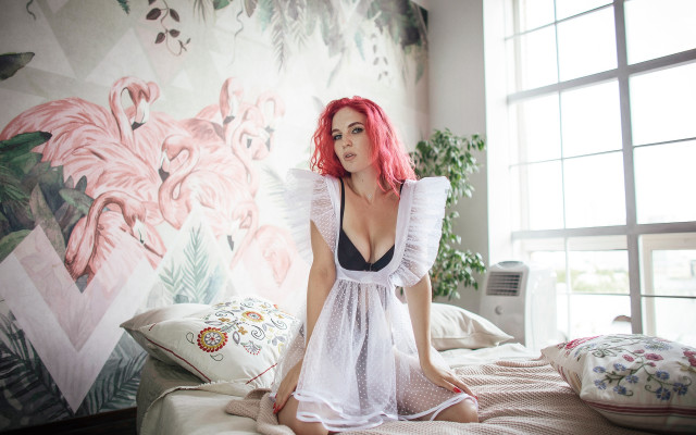 Redhair woman sitting bed wallpaper free wallpaper - medium preview image