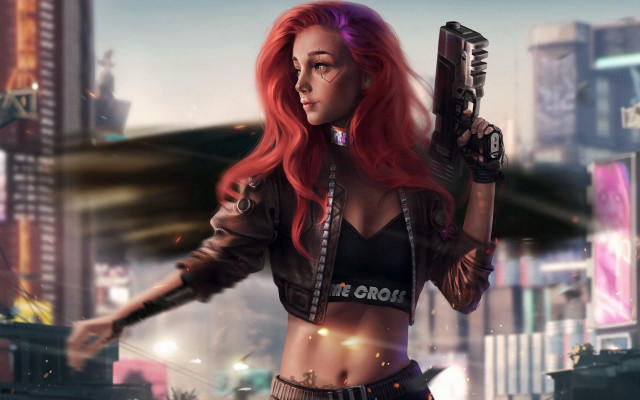 Neon city girl gun cyberpunk free wallpaper - medium preview image