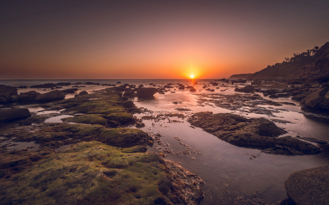 Sunset rocky beach city lights free wallpaper - medium preview image