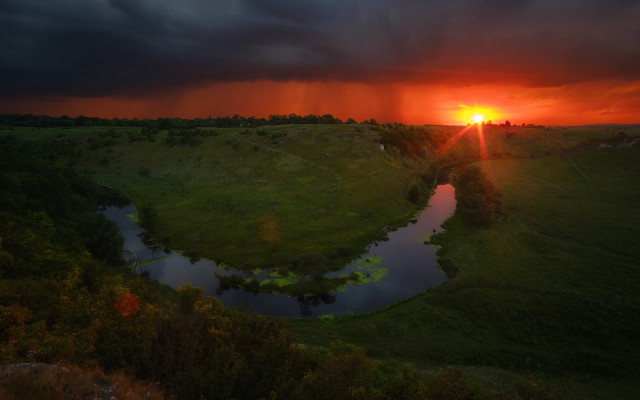 Sunset river grassy field trees #2 free wallpaper - medium preview image