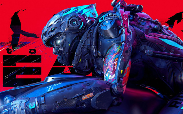 Futuristic robot red background black free wallpaper - medium preview image