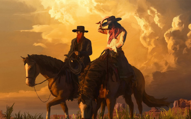 Cowboys horses sunset clouds western free wallpaper - medium preview image
