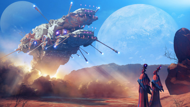 Futuristic space station desert moon free wallpaper - medium preview image