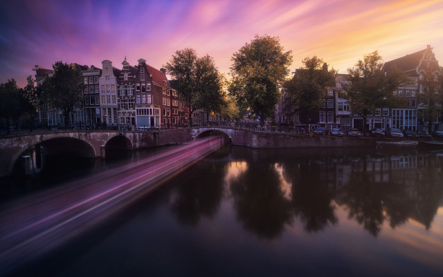 Sunset river bridge cityscape pink free wallpaper - medium preview image