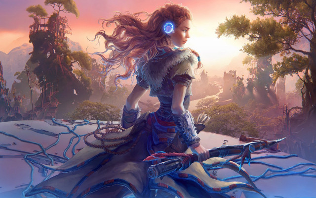 Woman headphones snowy forest sword free wallpaper - medium preview image