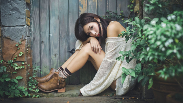 Woman sitting fence leaves bamboo free wallpaper - medium preview image