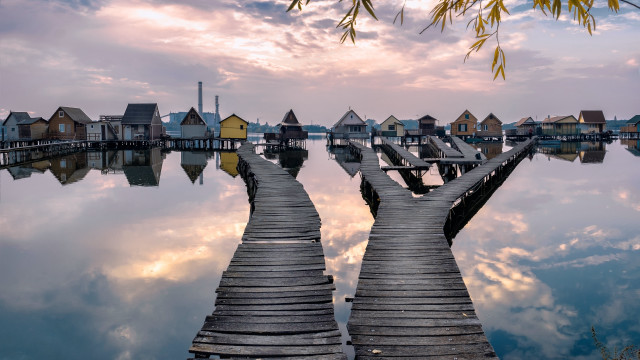Wooden dock houses water cloudy free wallpaper - medium preview image