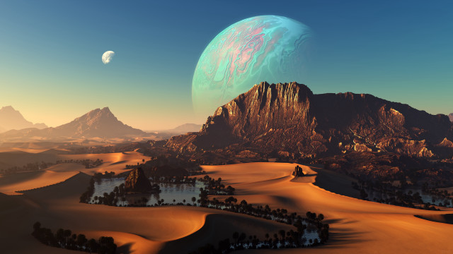 Desert planet mountains lake night free wallpaper - medium preview image