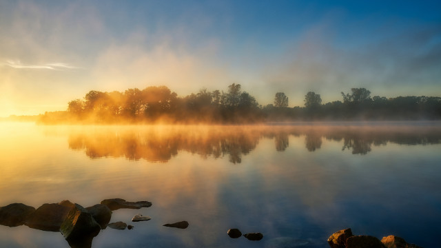 Sunset mountain lake trees mist free wallpaper - medium preview image
