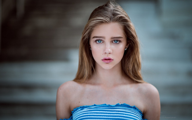 Blue eyes blonde woman staircase free wallpaper - medium preview image