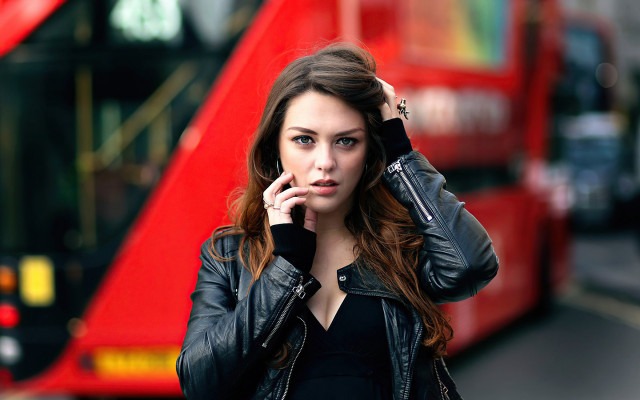 Woman black dress red bus free wallpaper - medium preview image