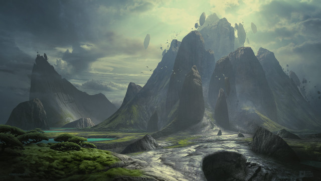Mountain river man cliff fantasy free wallpaper - medium preview image