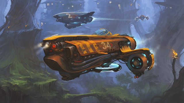 Yellow vehicle flying forest space free wallpaper - medium preview image