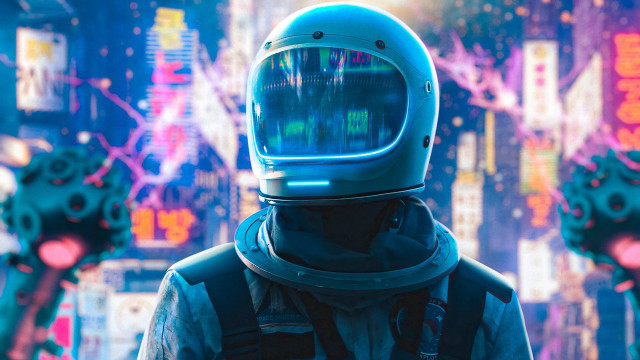 Space suit man neon cityscape free wallpaper - medium preview image
