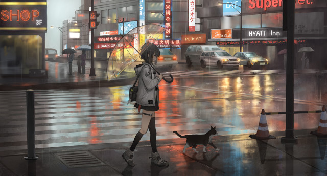 Woman dog rainy city umbrella free wallpaper - medium preview image