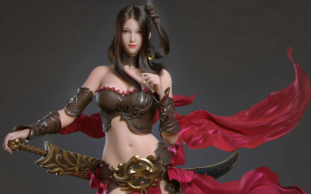 Fantasy woman sword redcape statue free wallpaper - medium preview image