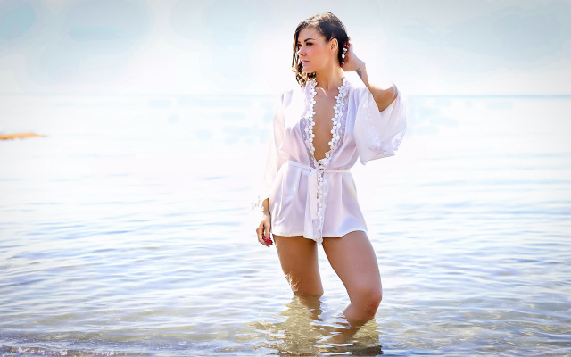 Woman white romper pearls lake free wallpaper - medium preview image