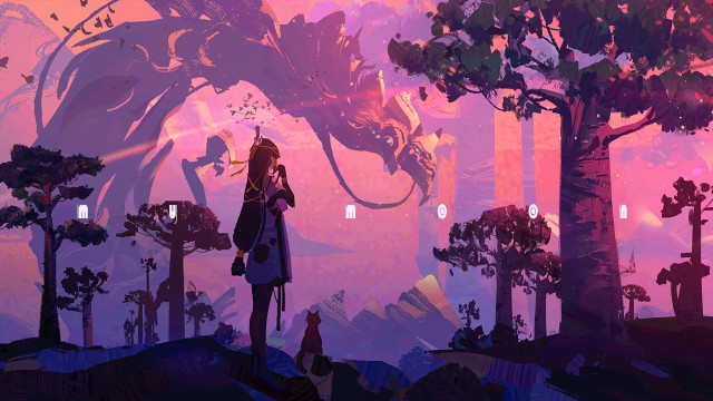 Woman dragon forest sunset japanese free wallpaper - medium preview image