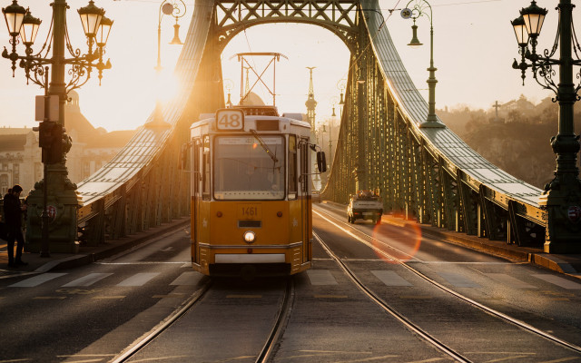Yellow train bridge sunset tiltshift free wallpaper - medium preview image