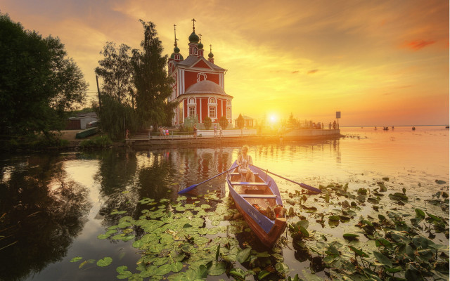 Boat church dock lily pads free wallpaper - medium preview image