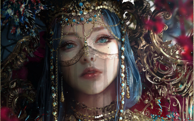 Blue hair mask gold headdress free wallpaper - medium preview image