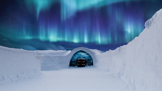 Snowy hut aurora person doorway free wallpaper - medium preview image