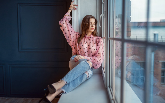 Woman window sill city pajamas free wallpaper - medium preview image