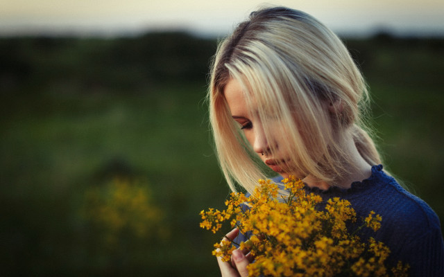 Woman yellowflowers serious blonde cinematic free wallpaper - medium preview image