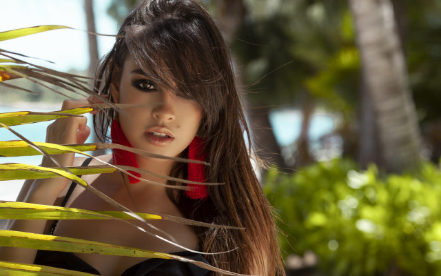 Woman longhair redscarf palmleaves fashion free wallpaper - medium preview image