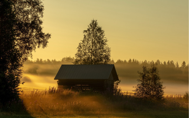 Cabin woods foggy sky mountains free wallpaper - medium preview image