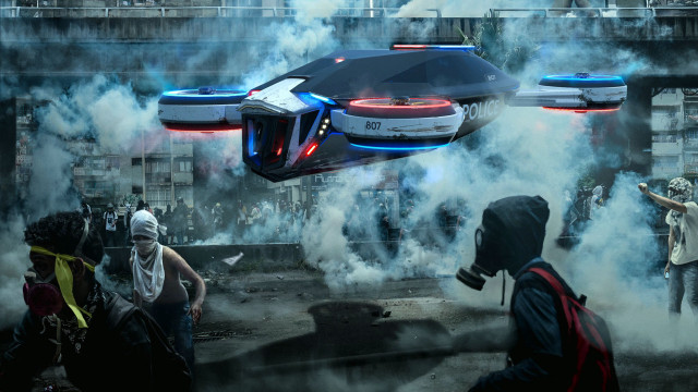 Futuristic flying vehicle crowd smoke free wallpaper - medium preview image