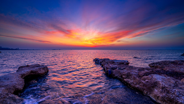 Sunset ocean dock mystical colors free wallpaper - medium preview image